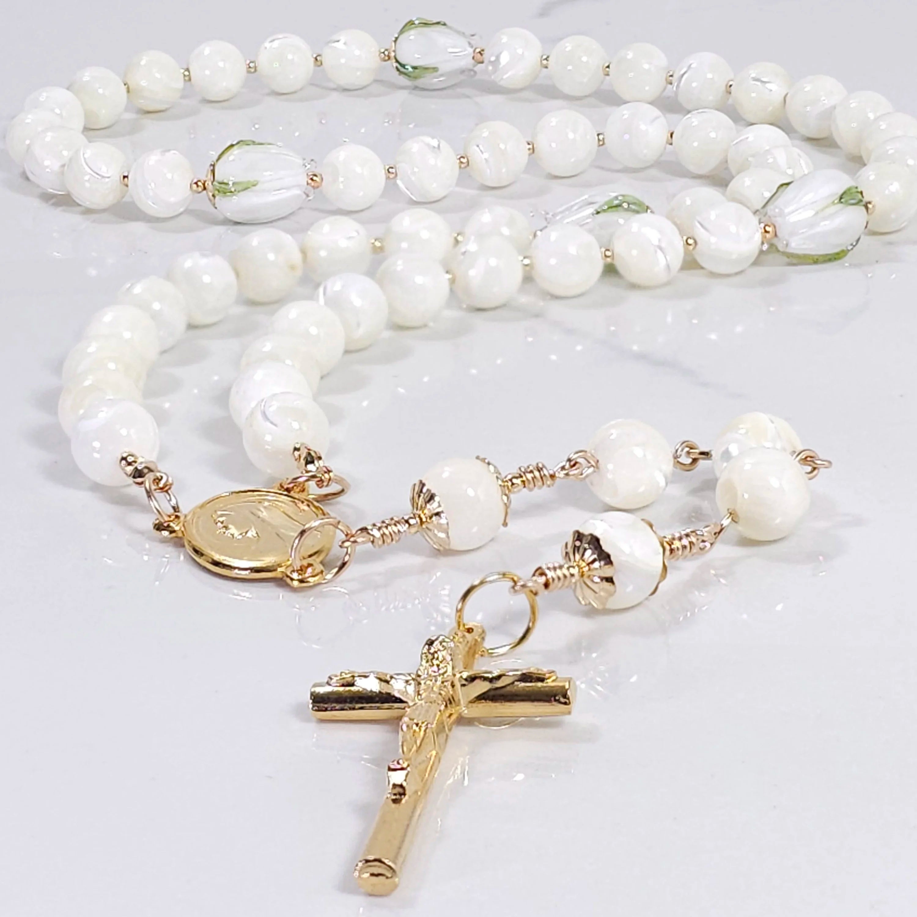 Regina Caeli White mother of pearl rosary for Easter.