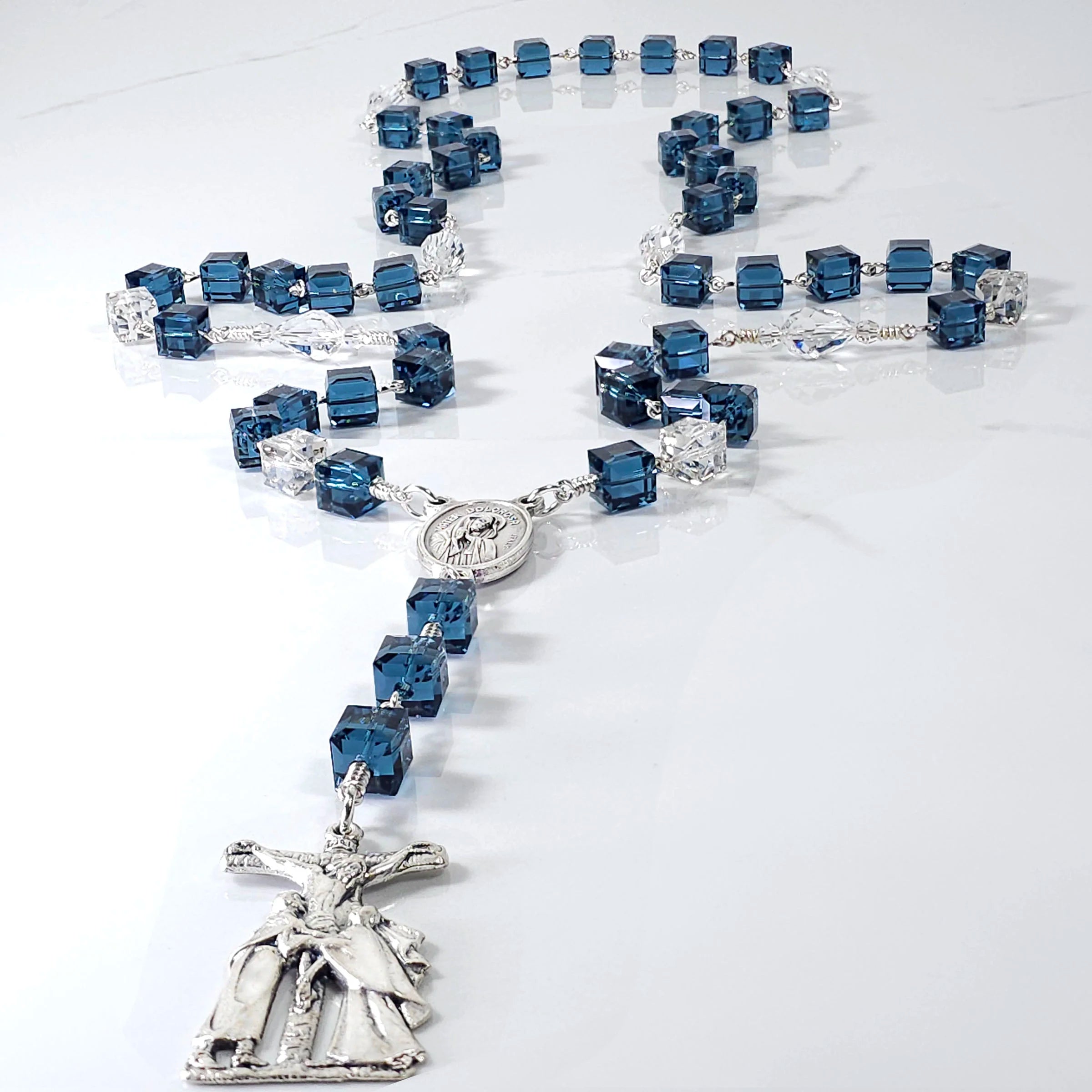 Blue Swarovski crystal rosary for Our Lady of Sorrows, a perfect gift for spiritual solace