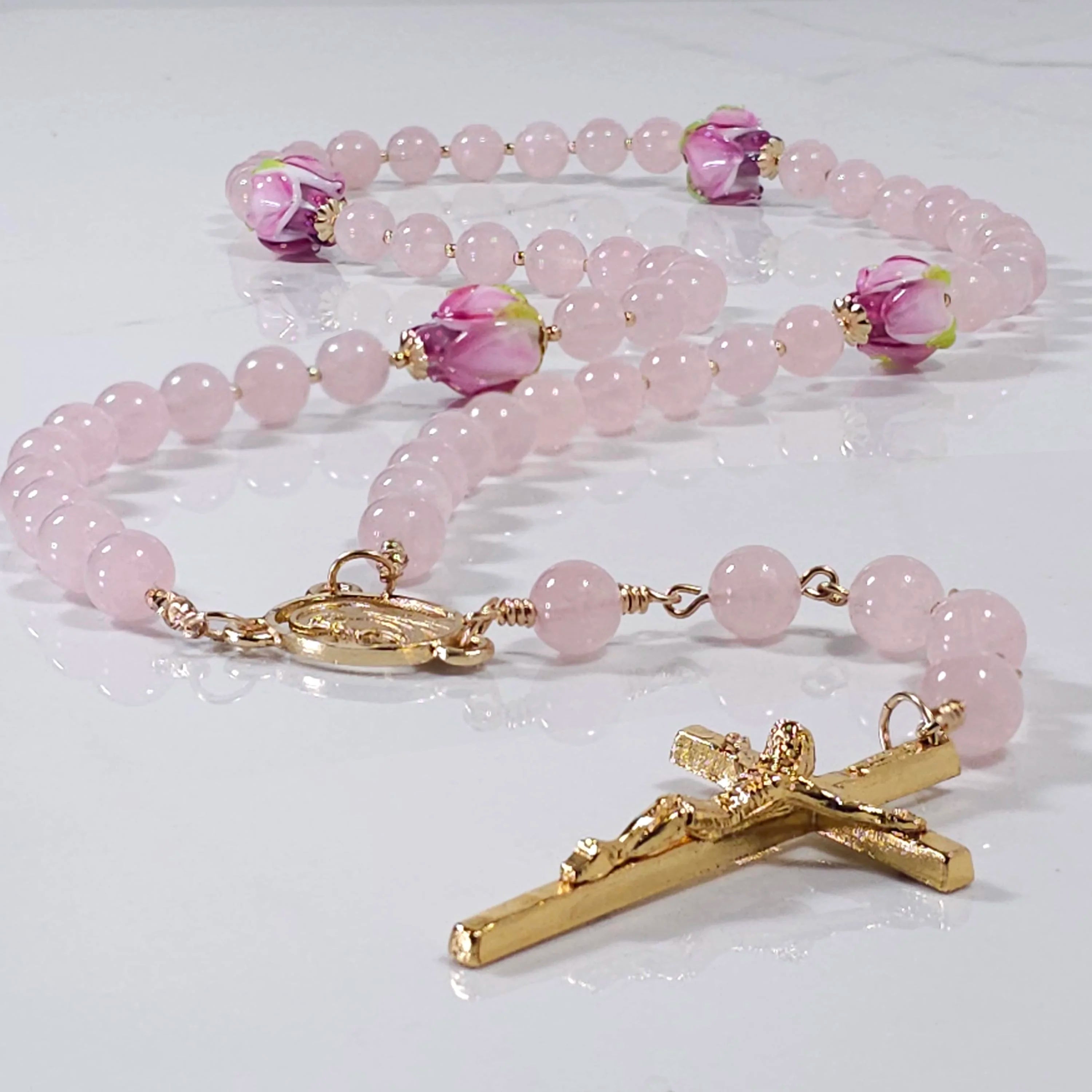 Divine rose rosary made from rose quarts and italian pink flower. inspired by mother Mary as the divine rose.