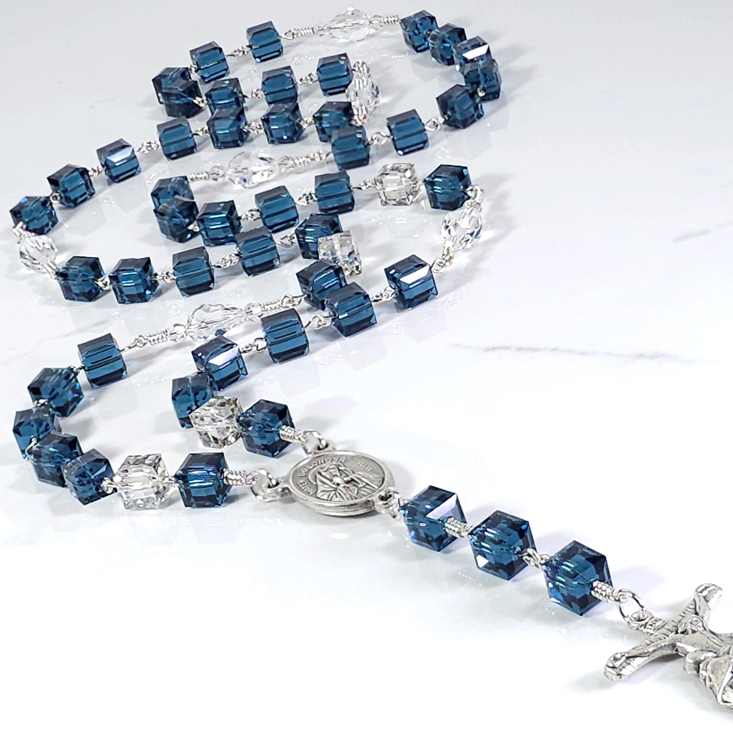 Mater Dolorosa blue Swarovski crystal rosary, designed for heartfelt prayers and reflection to sacred heart of mary