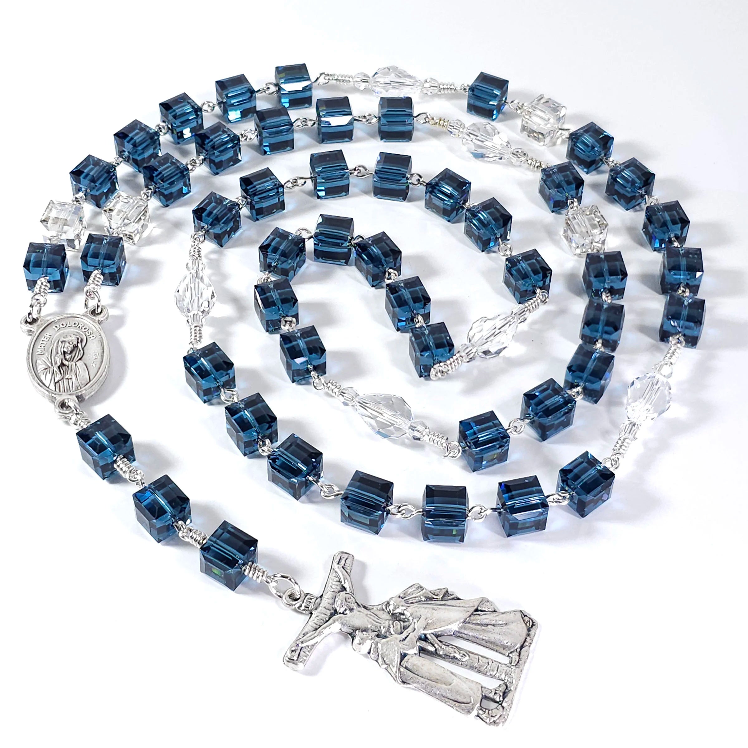 Exquisite blue Swarovski crystal rosary dedicated to Our Lady of Sorrows, perfect for meditation