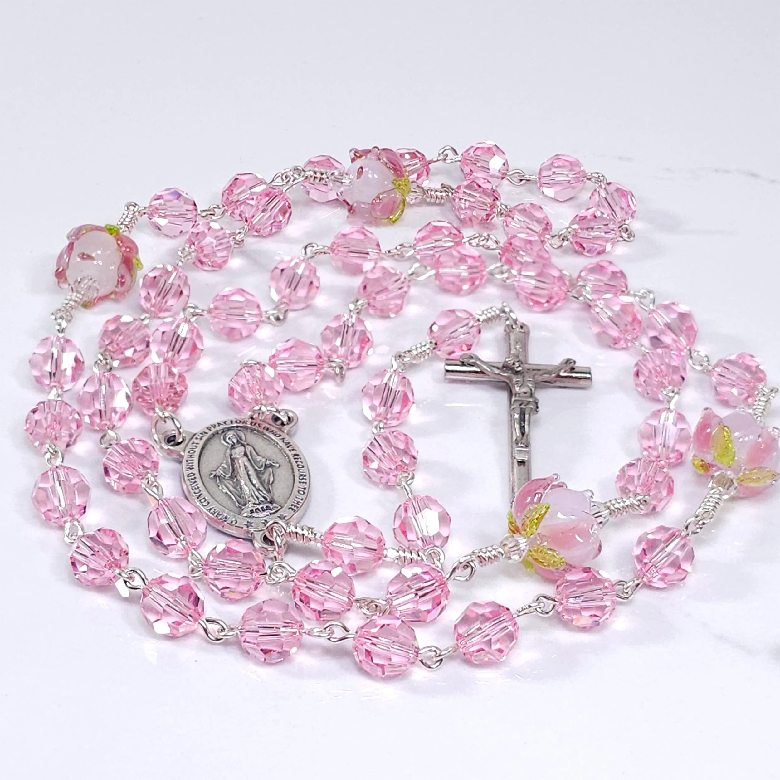 the most beautiful pink our lady of miraculous medal rosary.