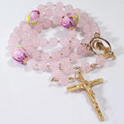 Mystical rose rosary made from rose quartz gemstone, Italian glass flower beads, gold cross and Madonna medal.