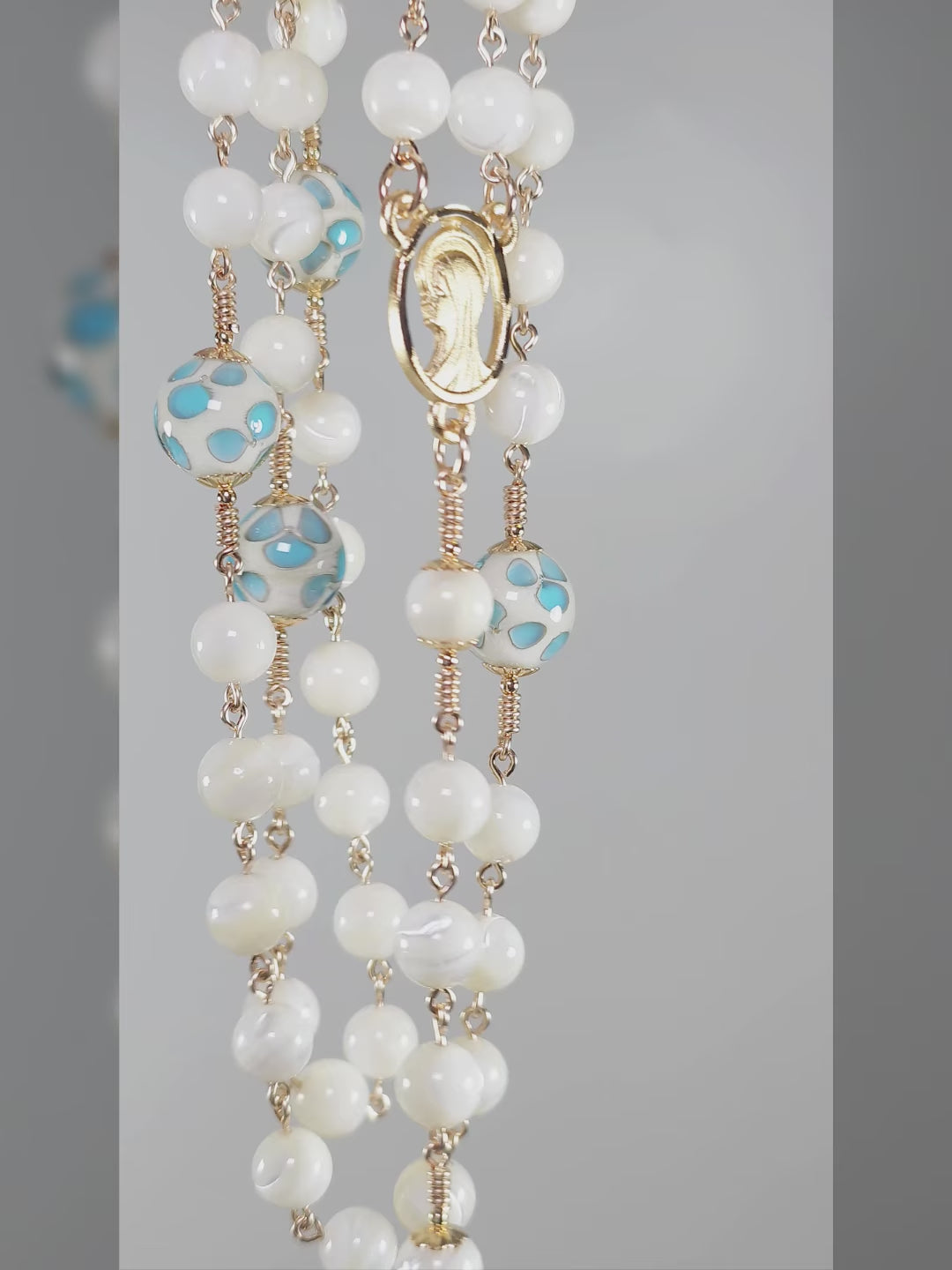 our lady of Lourdes rosary with blue little flower and white pearl, very beautiful.