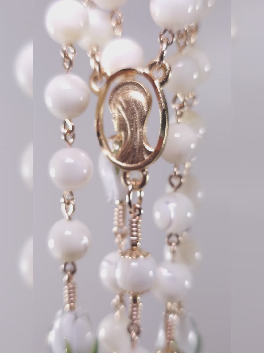 very beautiful white pearl rosary, Regina caeli white tulip rosary.