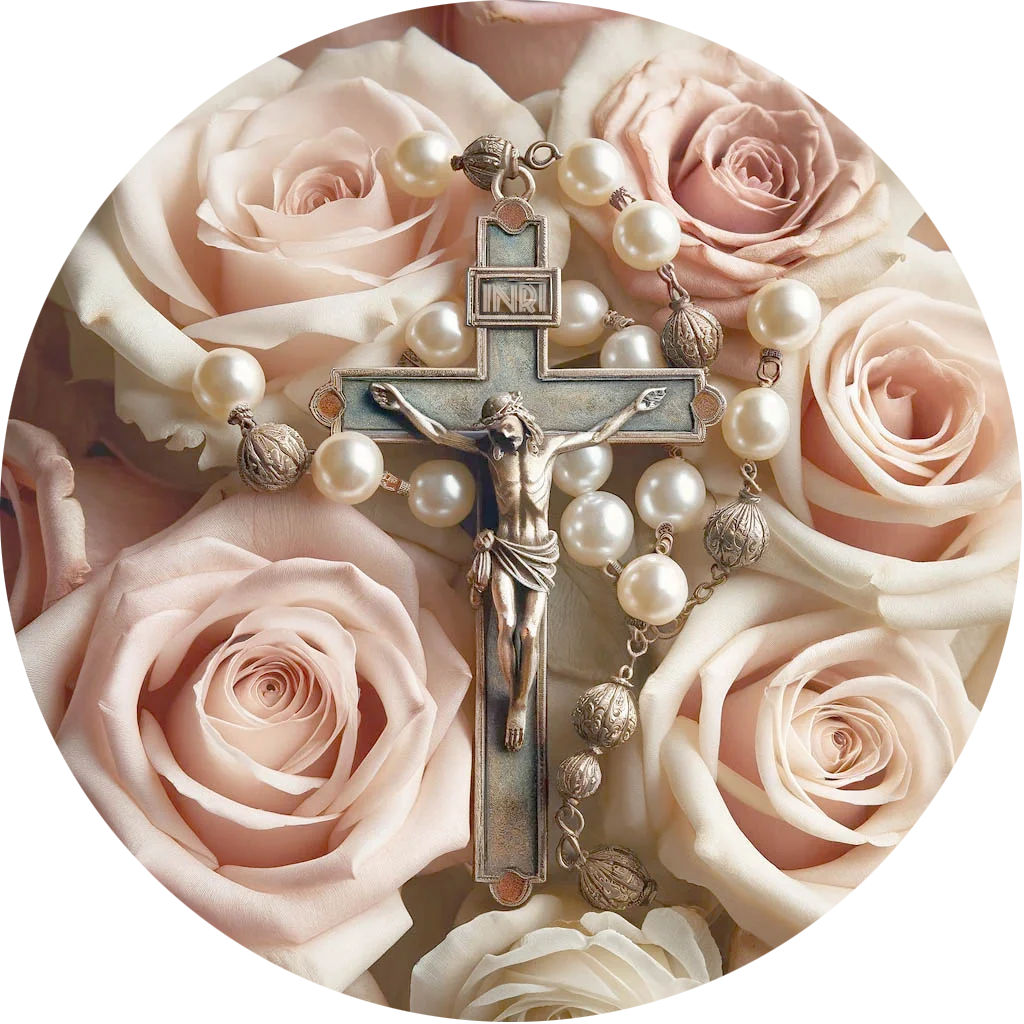 a soft and feminine setting of pink pearl rosary laying on top of a bunch of blush roses.