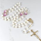 white pearl rosary with little rose flower for st therese.